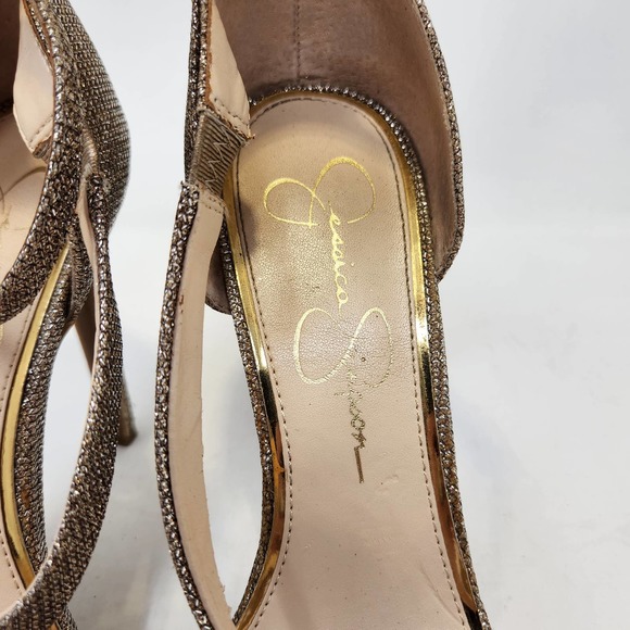 Jessica Simpson Gold Glitter Stiletto Ankle Strap Heels Size 10 M Open Toe - Picture 3 of 10